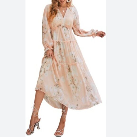 Simplee EUC pastel floral long sleeve tiered chiffon dress size xl - Picture 2 of 7